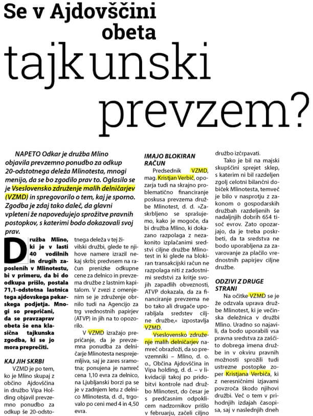 Mali delničarji so se pritožili nad načrtovanim prevzemom Mlinotesta